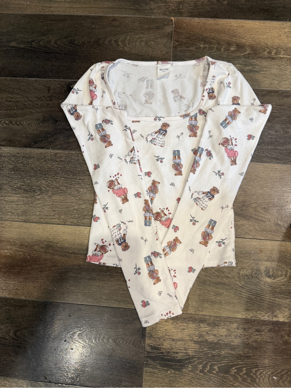 Hollister Women’s Cream Long-Sleeve Thermal Top with Cute Bear Print